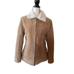 London Fog genuine tan suede leather front metallic zipper jacket women Small